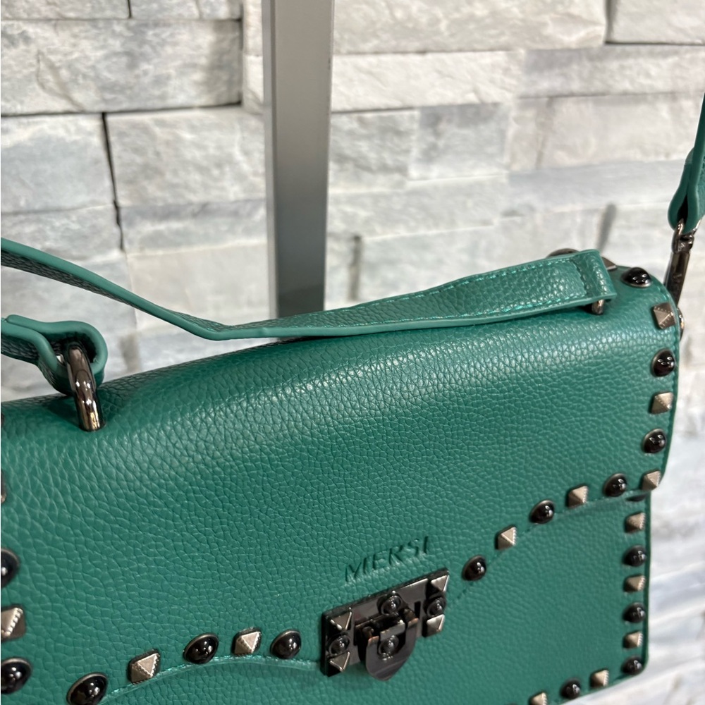MERSI Teal Pebbled Leather Studded Crossbody Bag - Picture 4 of 10
